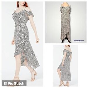 Bcx Ruffle Maxi Dress White Black Dots Off Shoulder Asymmetrical Juniors Size XS